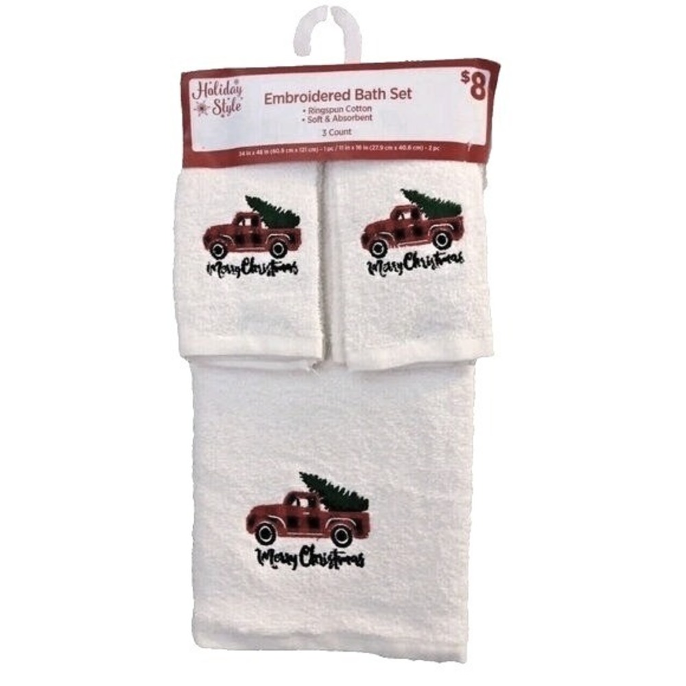 Set Of 3‎ Holiday Bath Set- Truck / Christmas Tree Christmas Scene 100% Cotton
